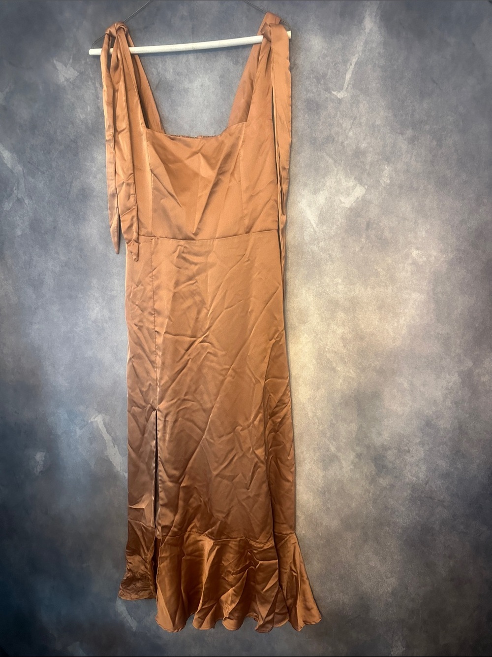 Show Me Your MuMu Copper-Brown Satin Maxi Slip Dress with Tie Straps